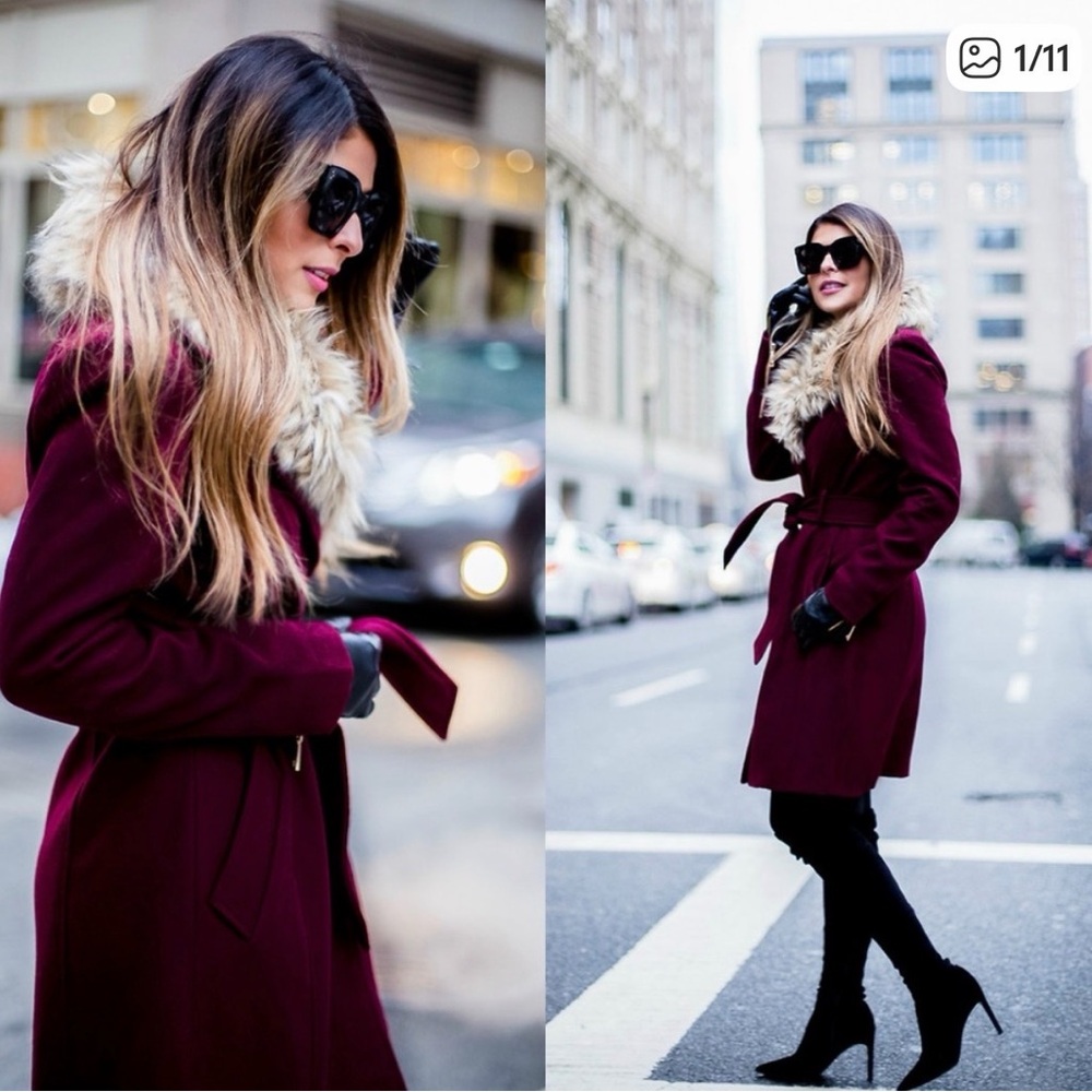 Small Guess Coat Burgundy Wine Red with Removable Faux Fur Collar